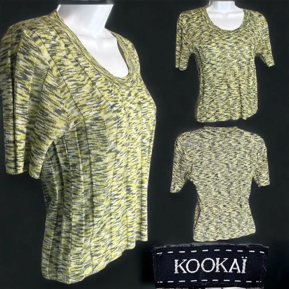 Kookai Women's Space Dye Pullover Scoop Neck Knit Tunic Top Green Yellow Size 1